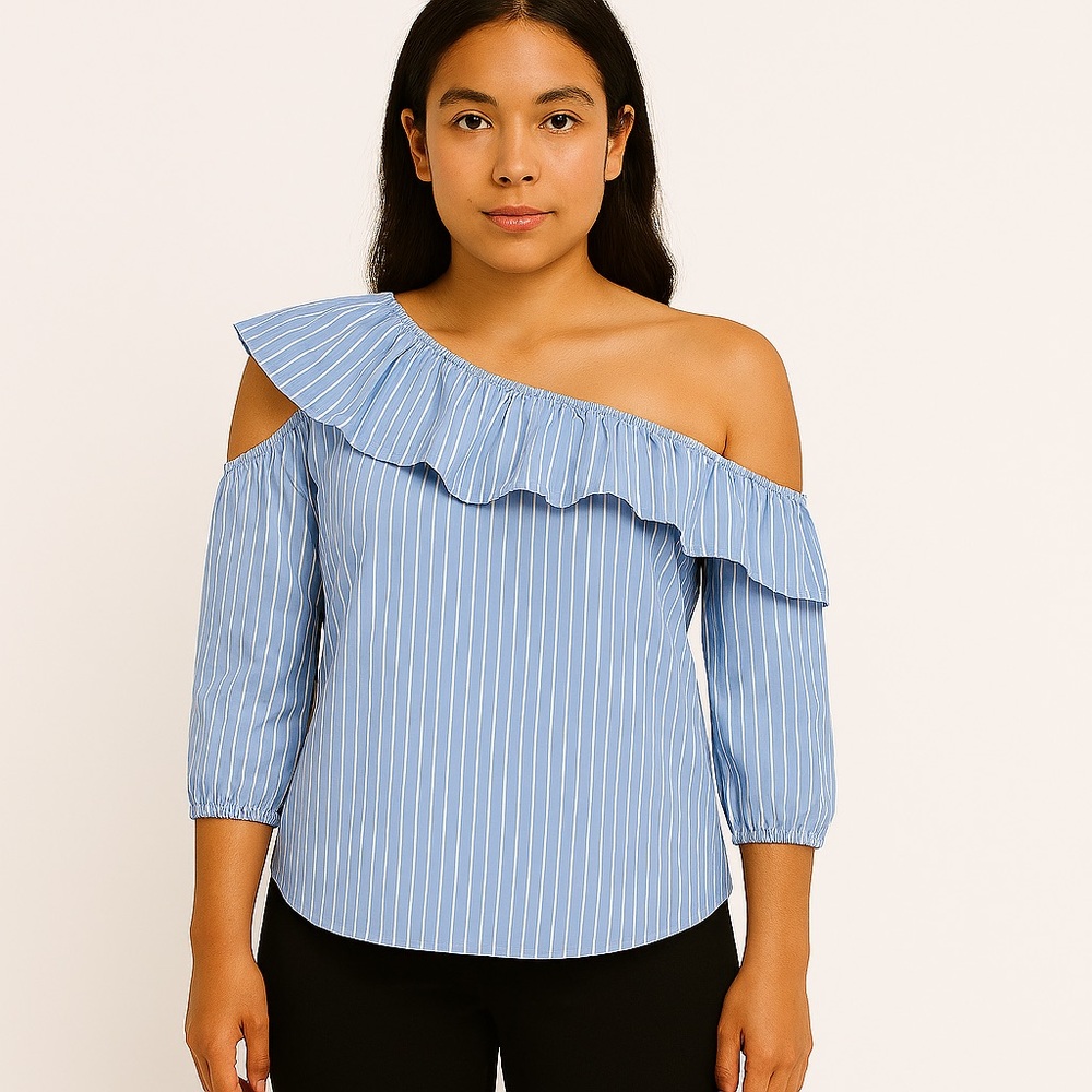 Belle Sky Blue White Stripe Cotton Off-Shoulder Asymmetrical Ruffle Blouse L